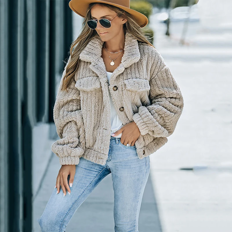 Hot Sale Casual Fashion Solid Color Fleece Button Up Women Winter Coats For Ladies