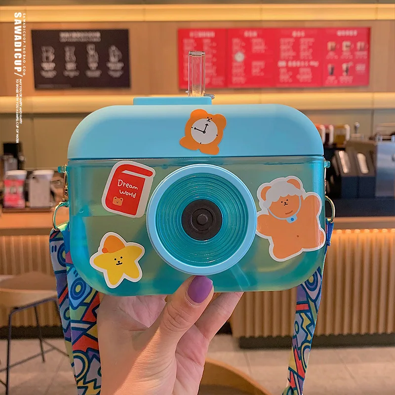 Hot Selling Cute Cartoon Camera Reusable Kids Drink Bottles with Straw