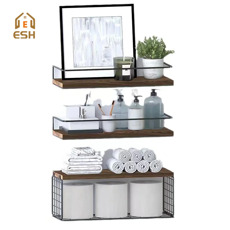 Hot Sale Hanging Storage Metal and Wood Wall Mounted Floating Wall Shelf
