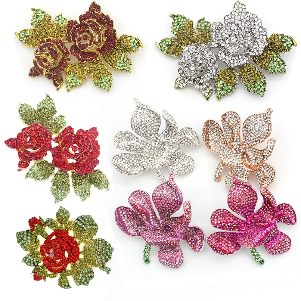 Custom Design Rhinestone Flower Brooches Women Sparkly Rose Orchid Flower Wedding Party Brooch Pins Gifts Clothing Accessories
