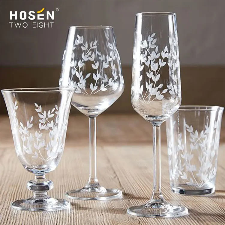 Factory Price Hand Etching Botanical Pattern Clear Glass Water Goblet Vintage Floral Etched Crystal Champagne Wine Glass Set