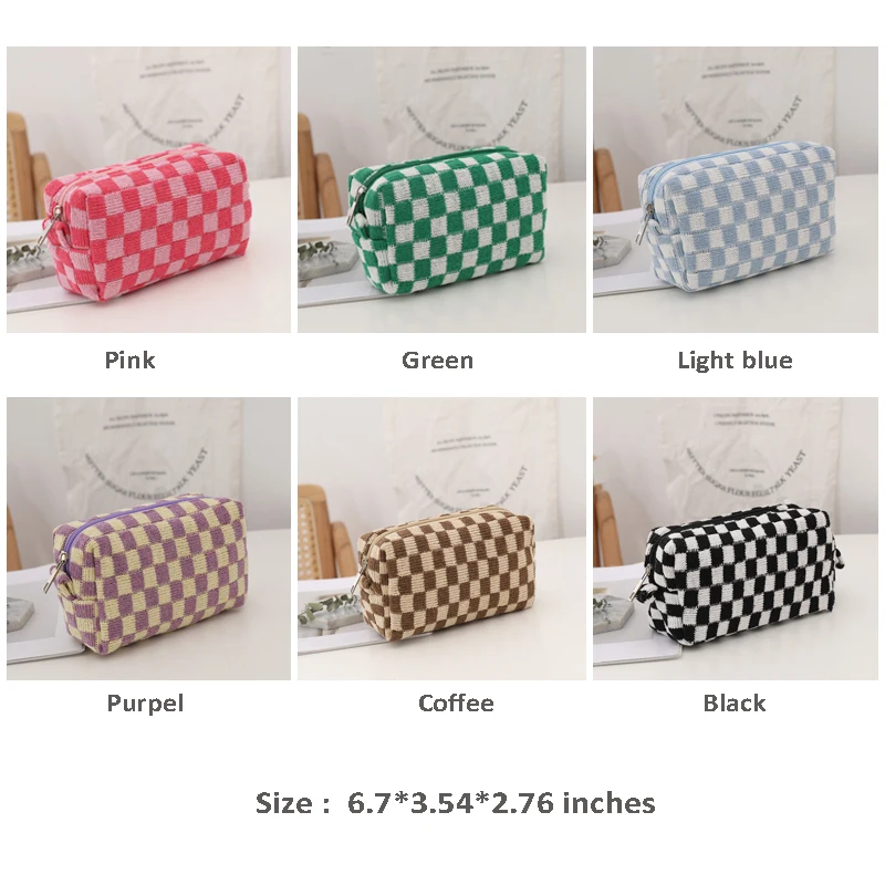 Soft Cute Knit Pencil Bags for Girls Kids Checkered Pencil Pouch Bag Zipper Cosmetic Pouch with Custom Logo
