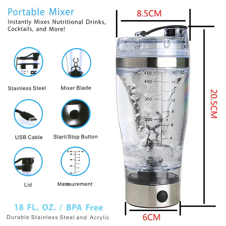 Stainless steel Electric Vortex Mixer Bottle 16 Ounce 450ML 600ml High Torque Battery USB Powered with X Blade Self Stirring Mug