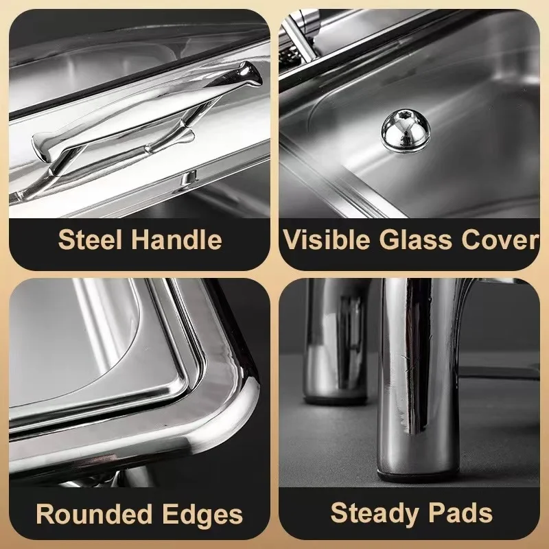 Catering Golden Glass Chaffing Dishes Stainless Steel Luxury Chafing Dishes Set Rectangular buffet food warmer