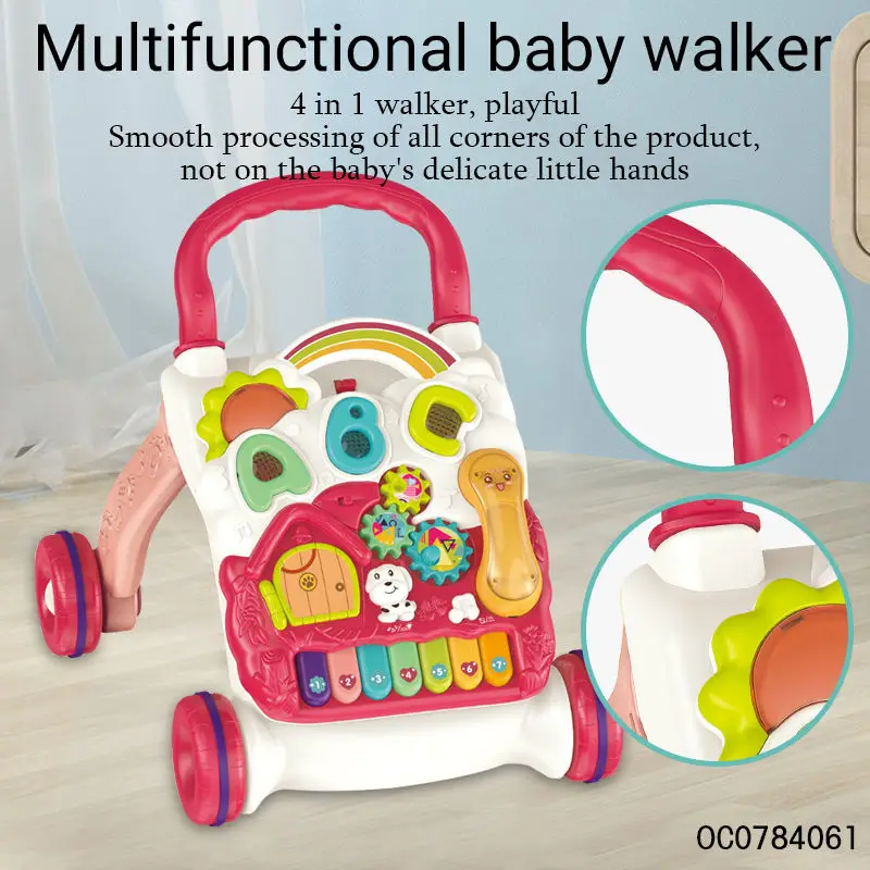Baby Walker Multifunction Infant Stand-to-Sit Toddler Four Wheels Trolley Kids Learning Walking Toddler Toys Piano