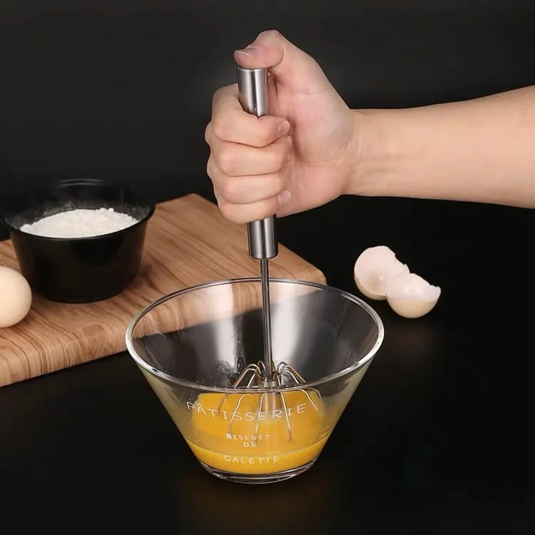 
New Style Stainless Steel Semi-automatic Rotating Egg Beater Kitchen Tool Durable Egg Whisk 