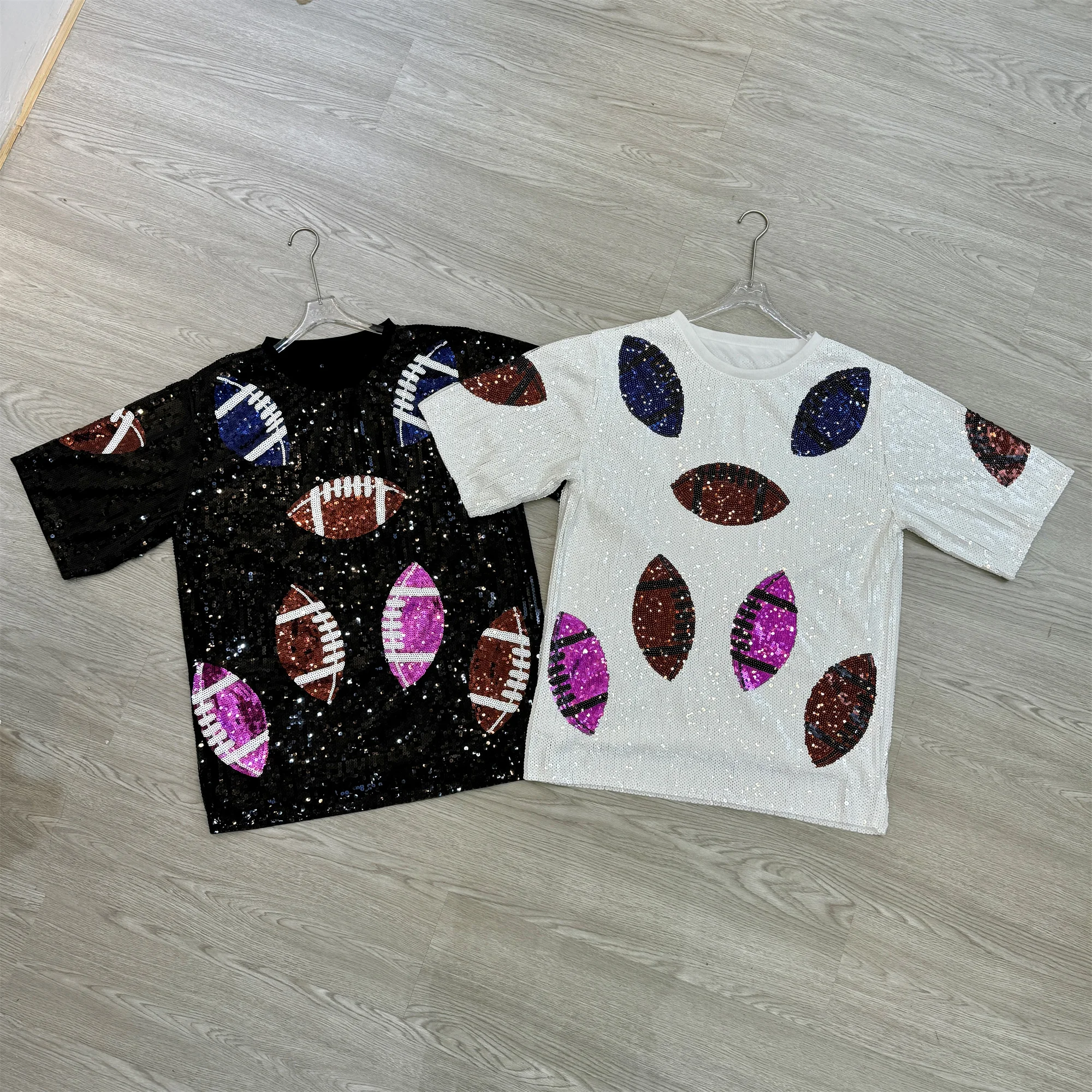 woman Wholesale Custom Game Day Football Sequin Iron On Patch Apparel club Top T-shirt Tshirt clothing Shirt dress for women