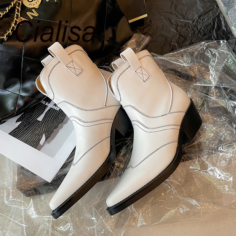 Cialisa White Autumn Winter Genuine Leather Designer Shoes Women Pointed Toe Chunky Mid Heels Ankle Boots Western Cowboy Boot