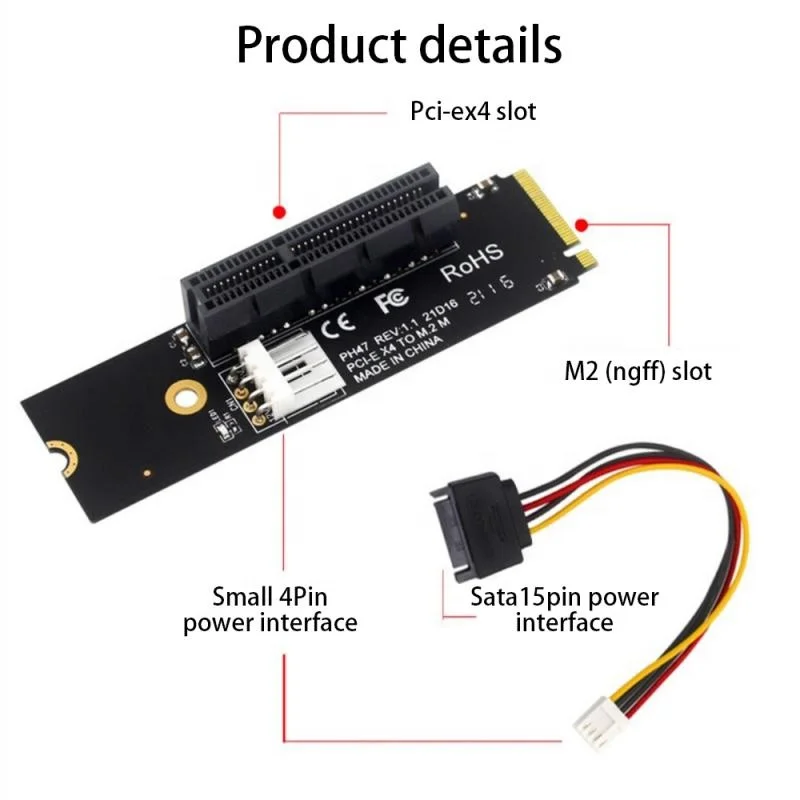 NGFF M.2 To PCI-E 4X Riser Card M2 M Key To PCIe X4 Adapter With LED Indicator SATA Power