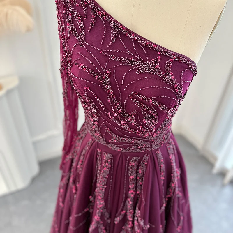 Lscz144-2 Luxury Dubai One Shoulder Fuchsia Evening Dresses For Women Wedding Elegant Arabic Long Sleeve Formal Gowns