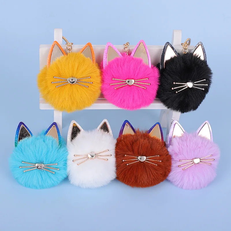 BM1114 Factory wholesale fashion solid color pendant cute cartoon Rabbit fur cat ears pom pom fur bag furry bag keychain