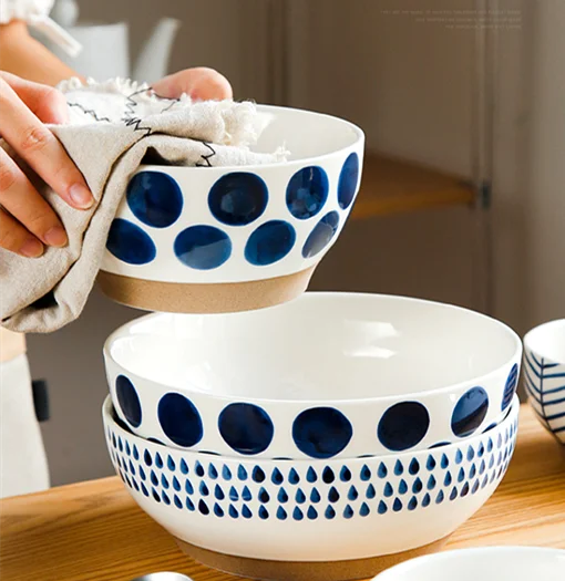 Japanese Nordic style blue raindrop household rice bowl, creative tableware hand-coloured noodle bowl