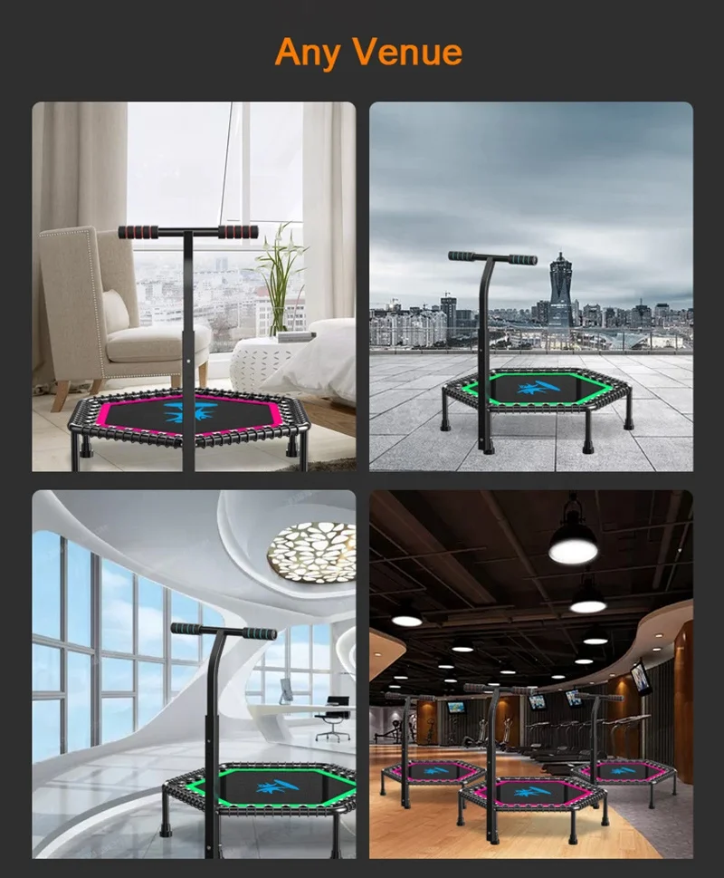 Hexagonal 50 inch Silent Bungee Rebounder Fitness Mini Trampoline with Adjustable Handle Bar