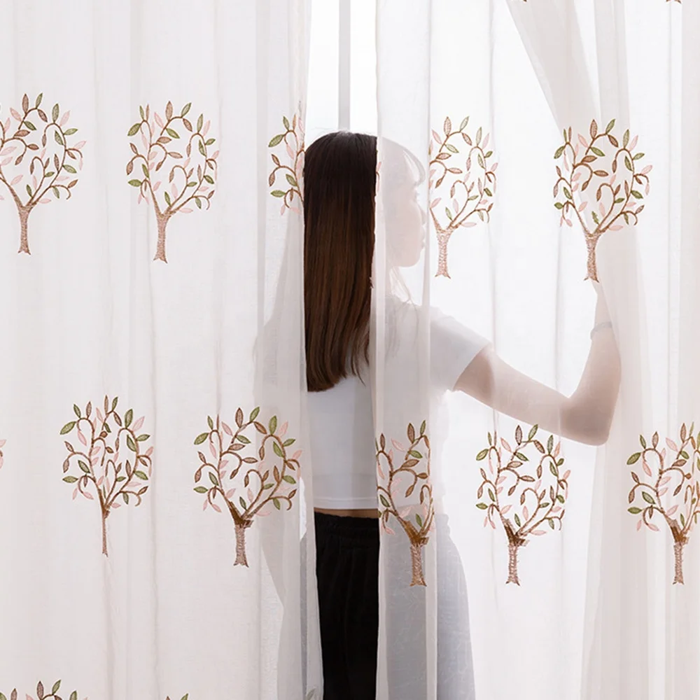 Beige floral  retail romantic nice grommet rod pocket embroidered sheer tree tulle curtain for bedroom kids window voile curtain