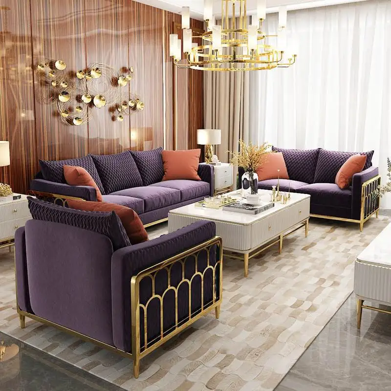 Modern living room sofas 1 2 3 seater Wedding furniture Golden Steel Arm velvet Light Luxury fabric sofa set with metal frame