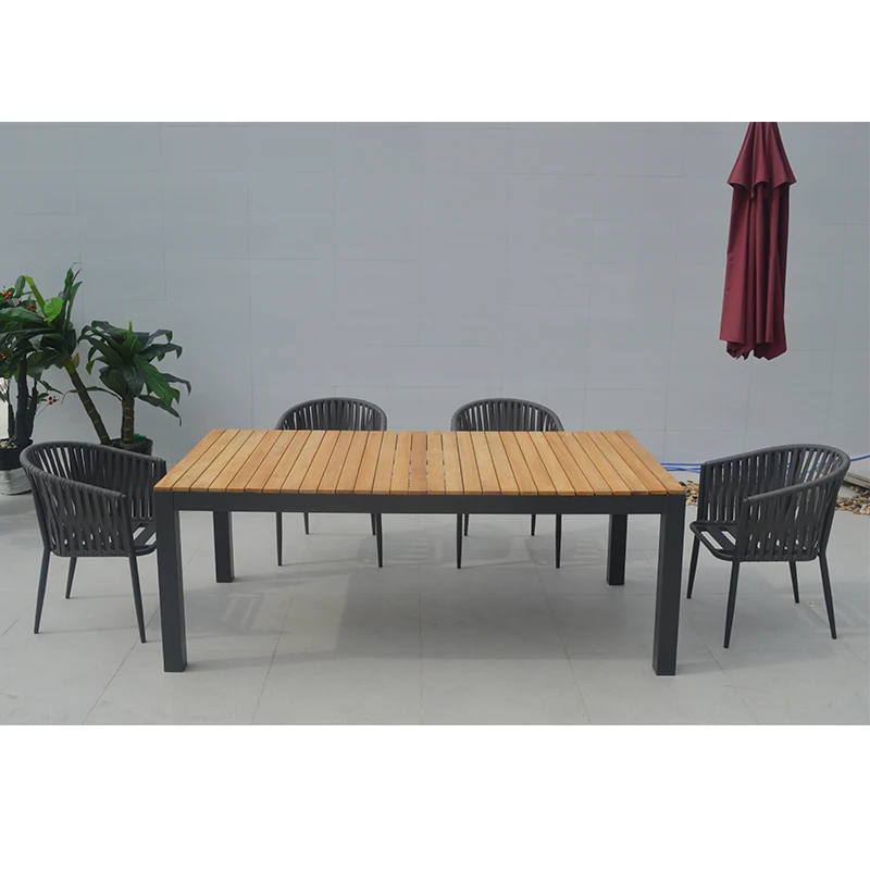 Outside Contemporary Teak Wood Dining Table and Woven Chairs Balcony Patio Furniture Set Outdoor