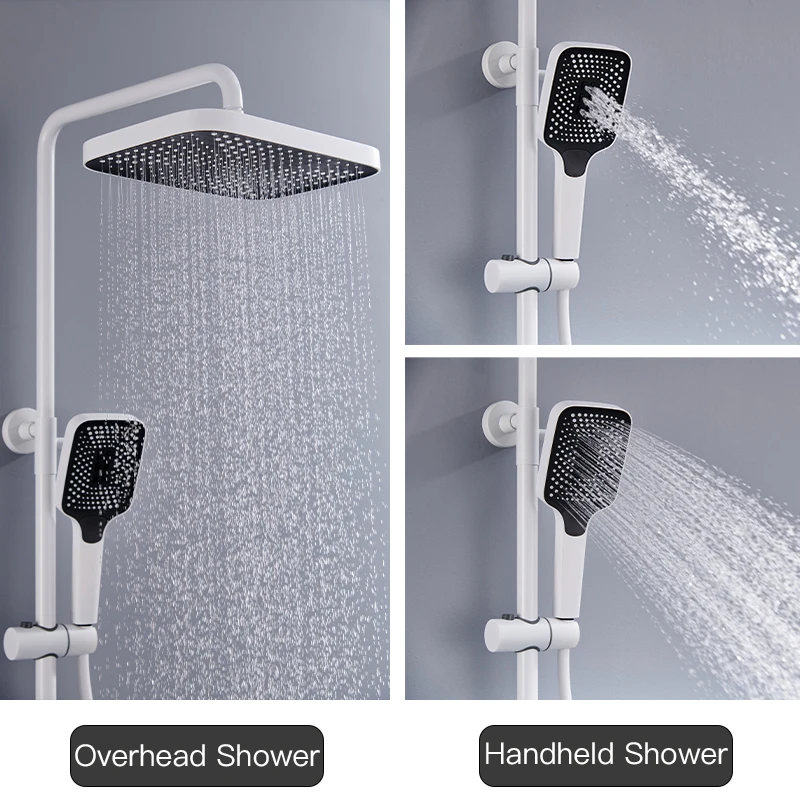 Luxury Wall Mounted White Rainfall Rain Shower Mixer 3 Function Piano Key Bathroom Shower Set