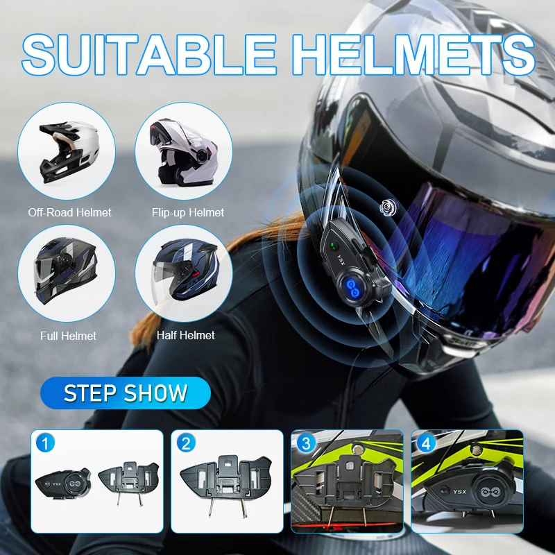 Y5X BT 5.1 Music Sharing Motorcycle Headset Intercom Helmet Group Interphone with 4 People 1000M Walkie-Talkie