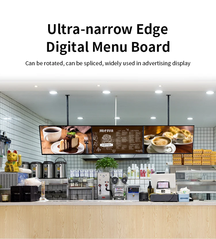 Ultra narrow bezel coffee shop KFC fast food restaurants 43 inch indoor lcd wall mount digital signage menu board display screen