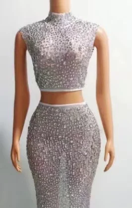 Latest Products Two Piece Set Women Stunning Bling Bling Rhinestones Clothing Glittering Crystals Cute Club Dresses High Neck