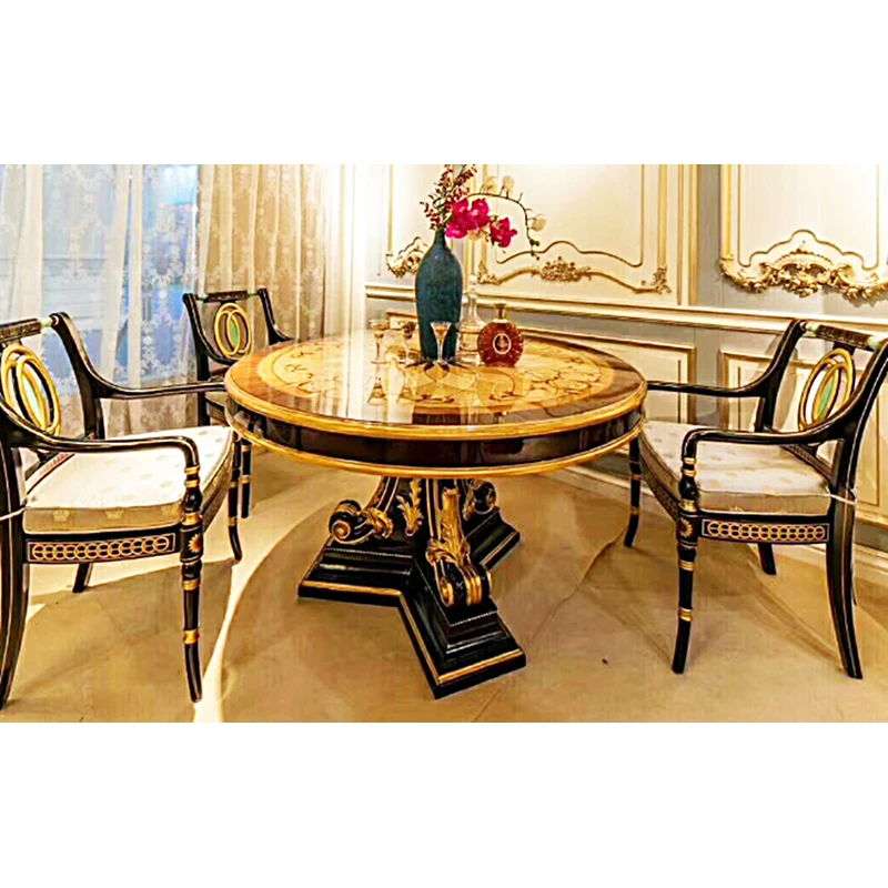 Highly Refined Victorian Style Wood Carved Dining Room Furniture Luxury Antique Marquetry Inlaid Round Dining Table with Chairs