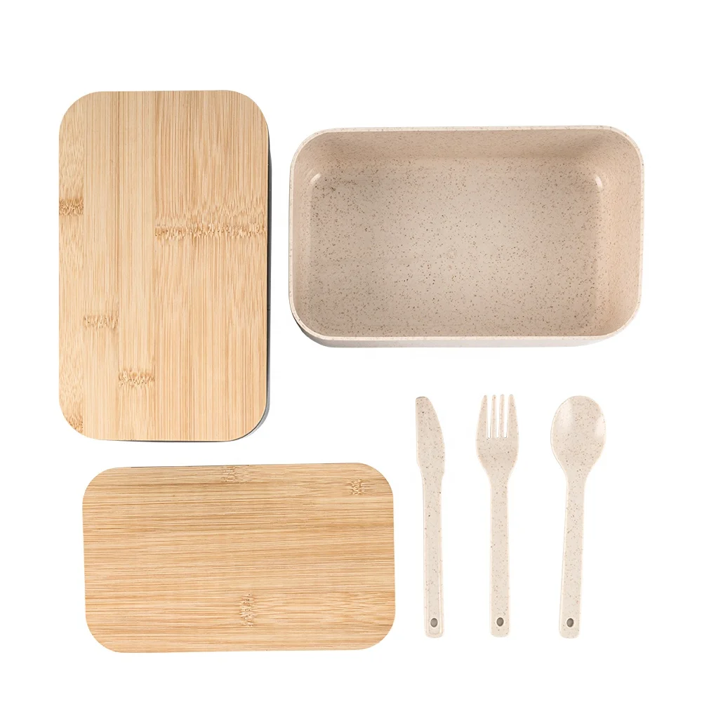 Eco-friendly Healthy Wheat Straw+Wood Lid Square Custom Leakproof BPA Free Kids Lunchbox Children School Tiffin Lunch Box