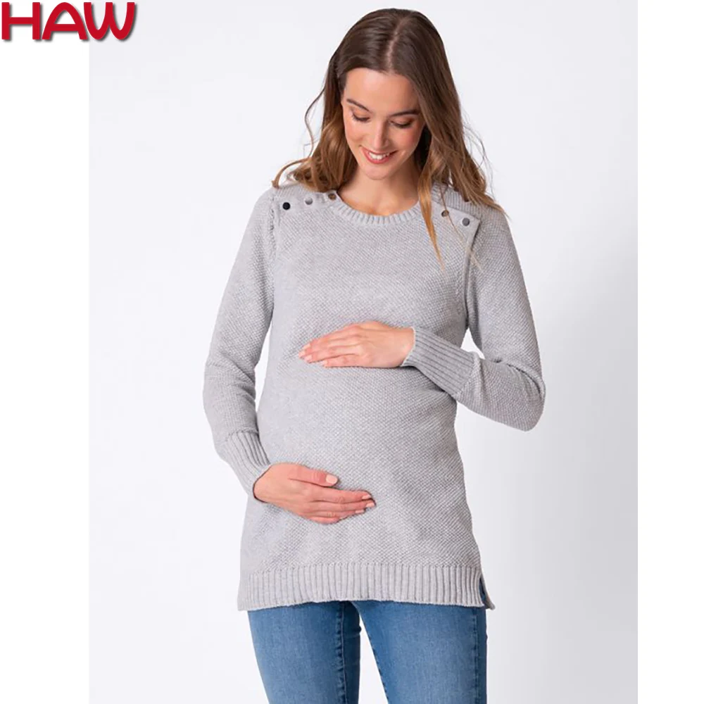 100% BCI Cotton Maternity Long Sleeves With Buttons On Shoulders Pregnant Nurse Women Pullover Sweater