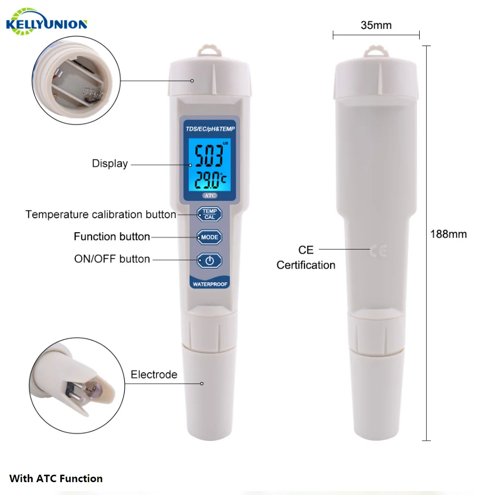 Digital 4 in 1 PH TDS EC TEMP Meter Pool Aquarium Hydroponics Drink Water Quality Analyzer Conductivity PPM Tester