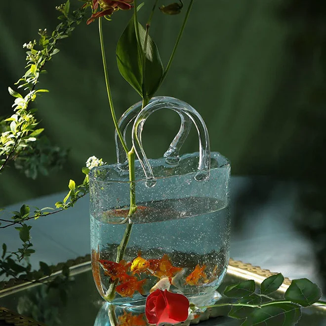 new Customized Professional Purse Vase For Flowers Transparent Glass Bag Vase Unique Handbag Flower Vase