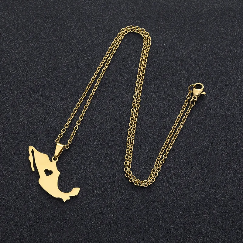 Stainless Steel Mexico Map Pendant Necklace Gold Color Mexican Jewelry Maps Mexicanos