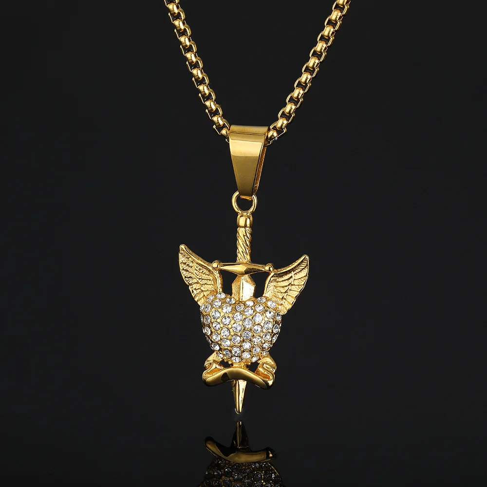 Wholesale Vintage Heart Shaped Zircon Titanium Steel Fly Wing Around Knight Sword And Heart Pendant Necklace For Men (BN194)