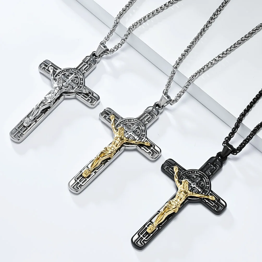Vintage Exorcist Titanium Steel Antique Silver Large Cross Pendant Necklace Key chain Jewelry For Men