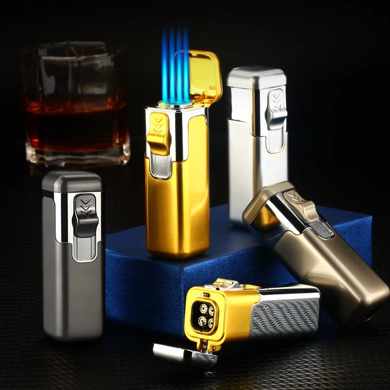Debang Wholesale Custom logo four flame windproof gas refillable lighter blue flame torch cigar lighter