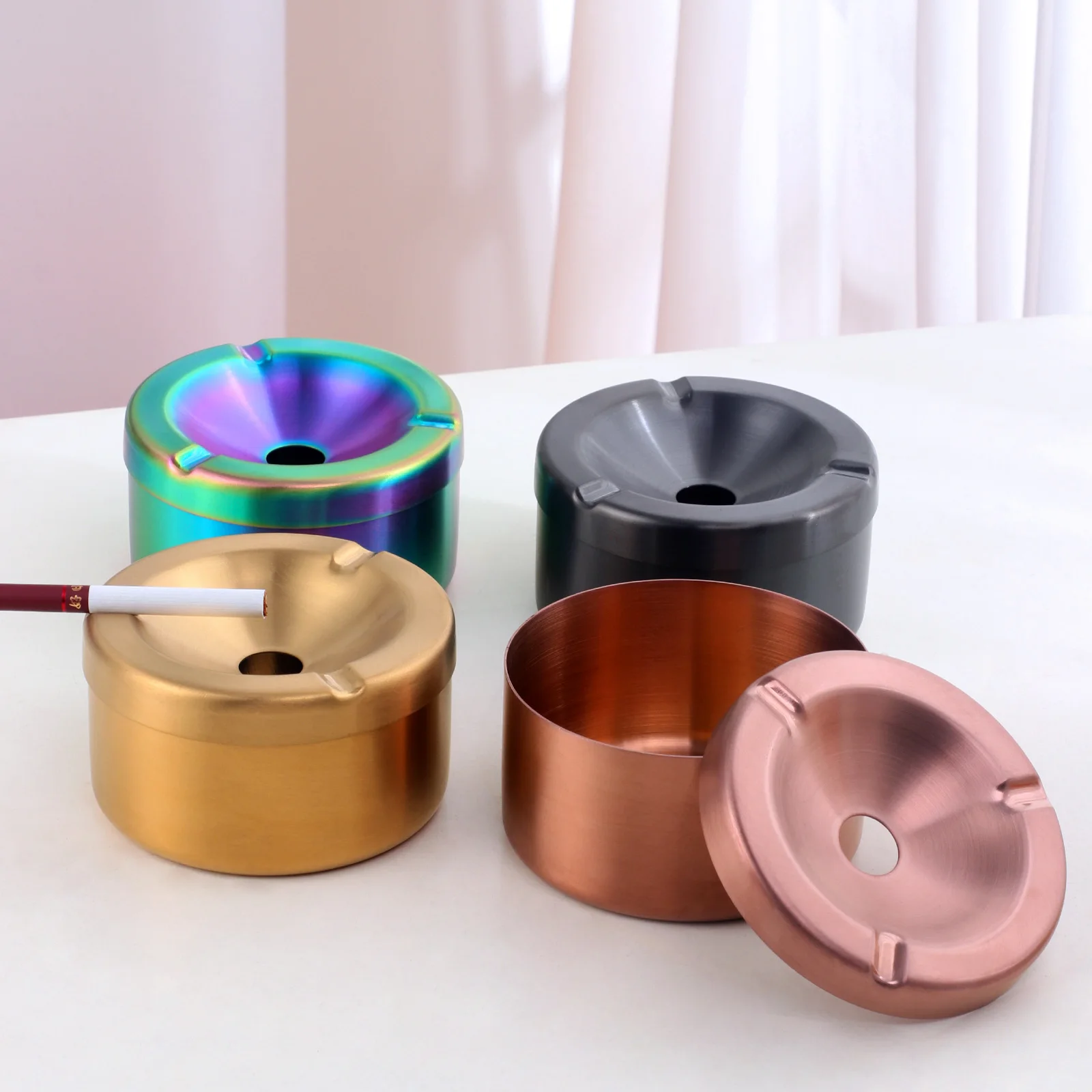 New Design Round Ashtray With Lid Ash Tray Container Smoke Stainless Steel Cigarette Cigar