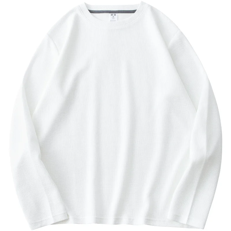 Shinesia OEM Unisex Waffle Sweat Shirts Custom Men High Quality Cotton Oversize Box Fit Waffle Long Sleeve Kint T shirt For Men