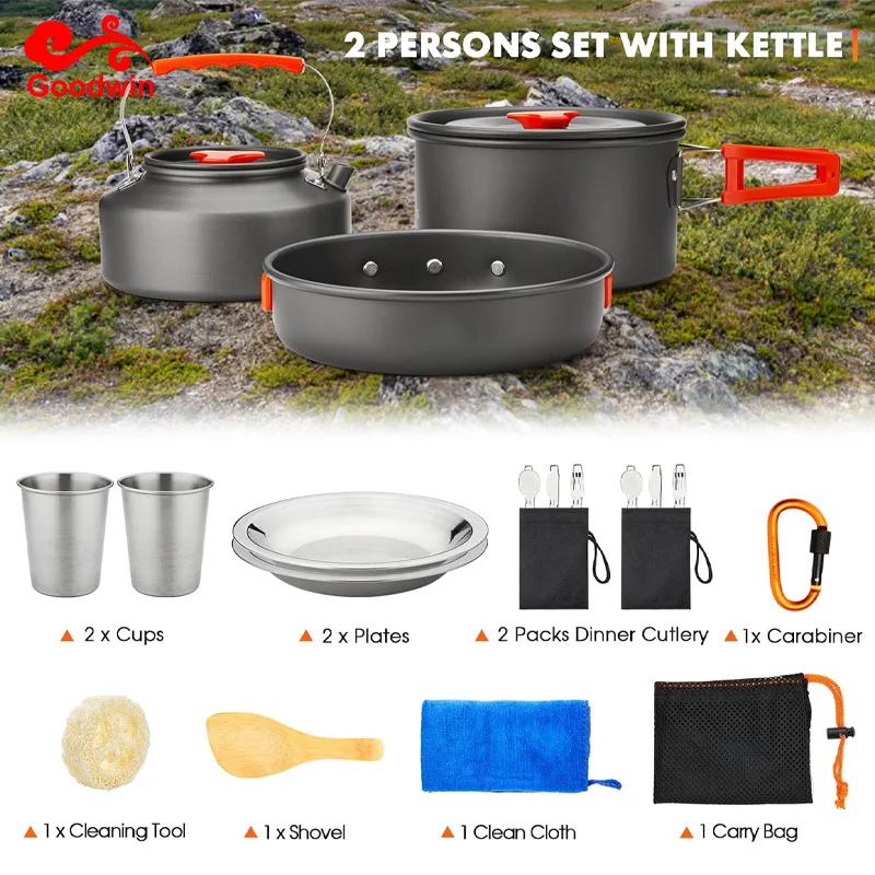 Camping Cookware Mess Kit with Folding Stove Lightweight Pot Pan Kettle Set with Plates Forks Knives Spoons