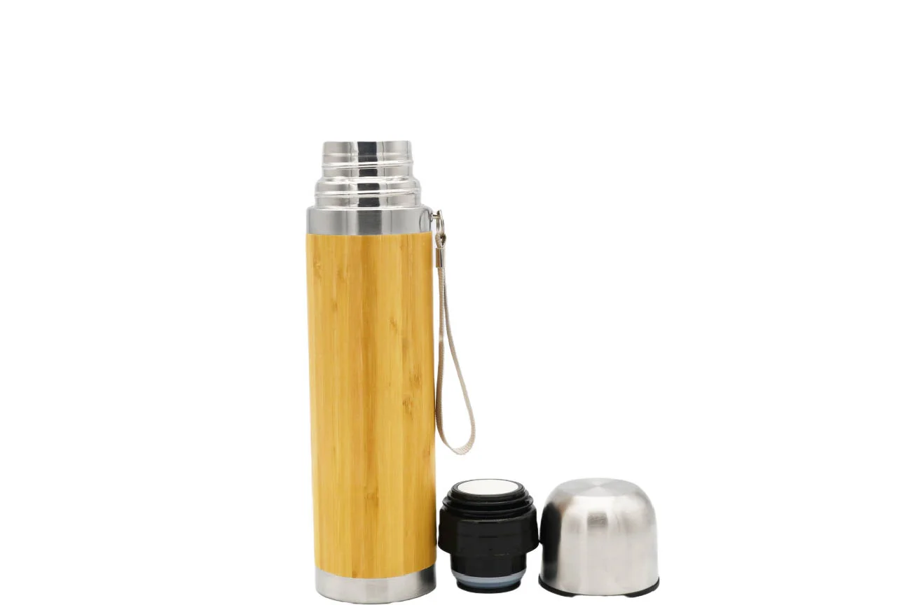 eco-friendly 500 ml stainless steel bamboo mug bullet shape vacuum flask with handle travel water bottle for hot
