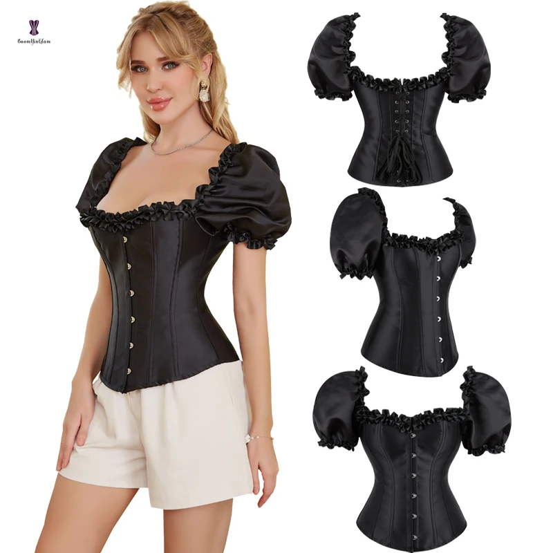 Retro short Sleeve Steampunk Streetwear Satin Lace-up Corset Shirts Sexy Ladies Crop Tops plus size bustier