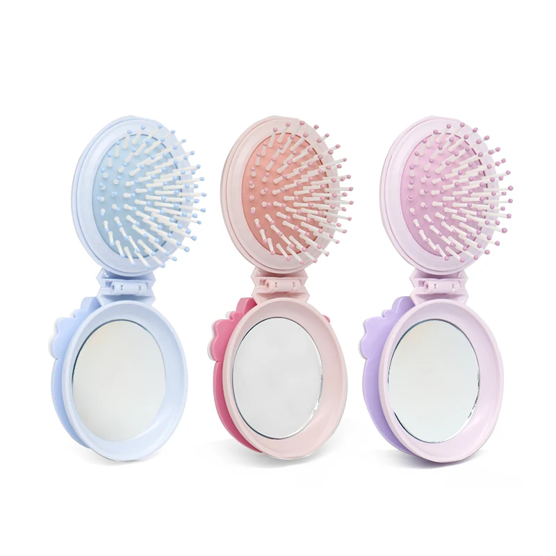 Compact 2-in-1 Mirror Comb Scalp Massage Detangling Comb Cute Design Foldable Hair Brush Plastic Portable Pocket Travel Home Use
