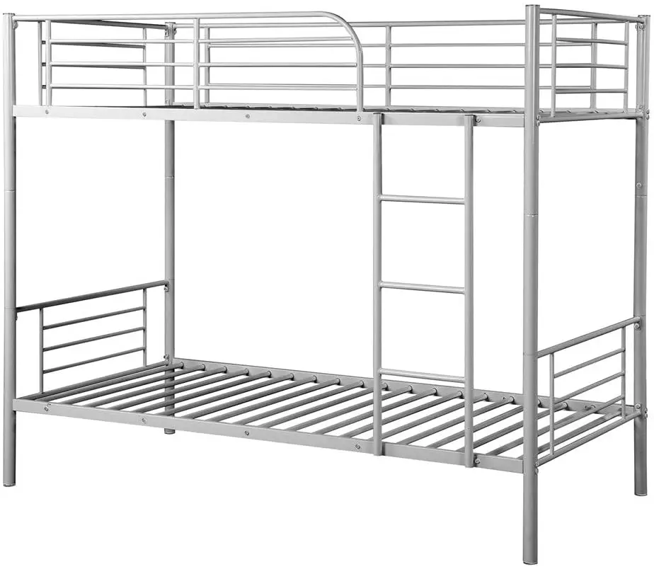 with removable ladder for children teens and adults metal bunk beds twin over twin in silver metal finish