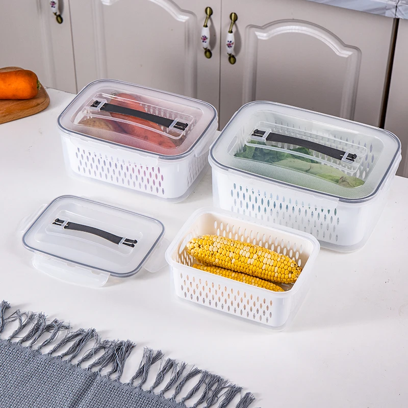 Kitchen pantry transparent snap lock airtight box set vegetable storage bin plastic food container with drain basket and handle