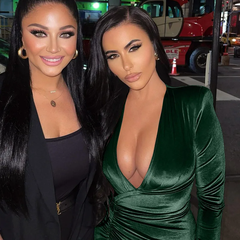 Deep V neck sexy party dress night club ruched long sleeve bodycon dress mini green velvet dress wholesale