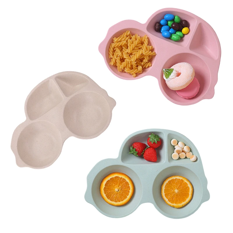 High Quality Divided Wheat Straw Plate Eco-friendly Baby Cartoon Car Feeding Food Dishes Kids Plastic Children Tableware