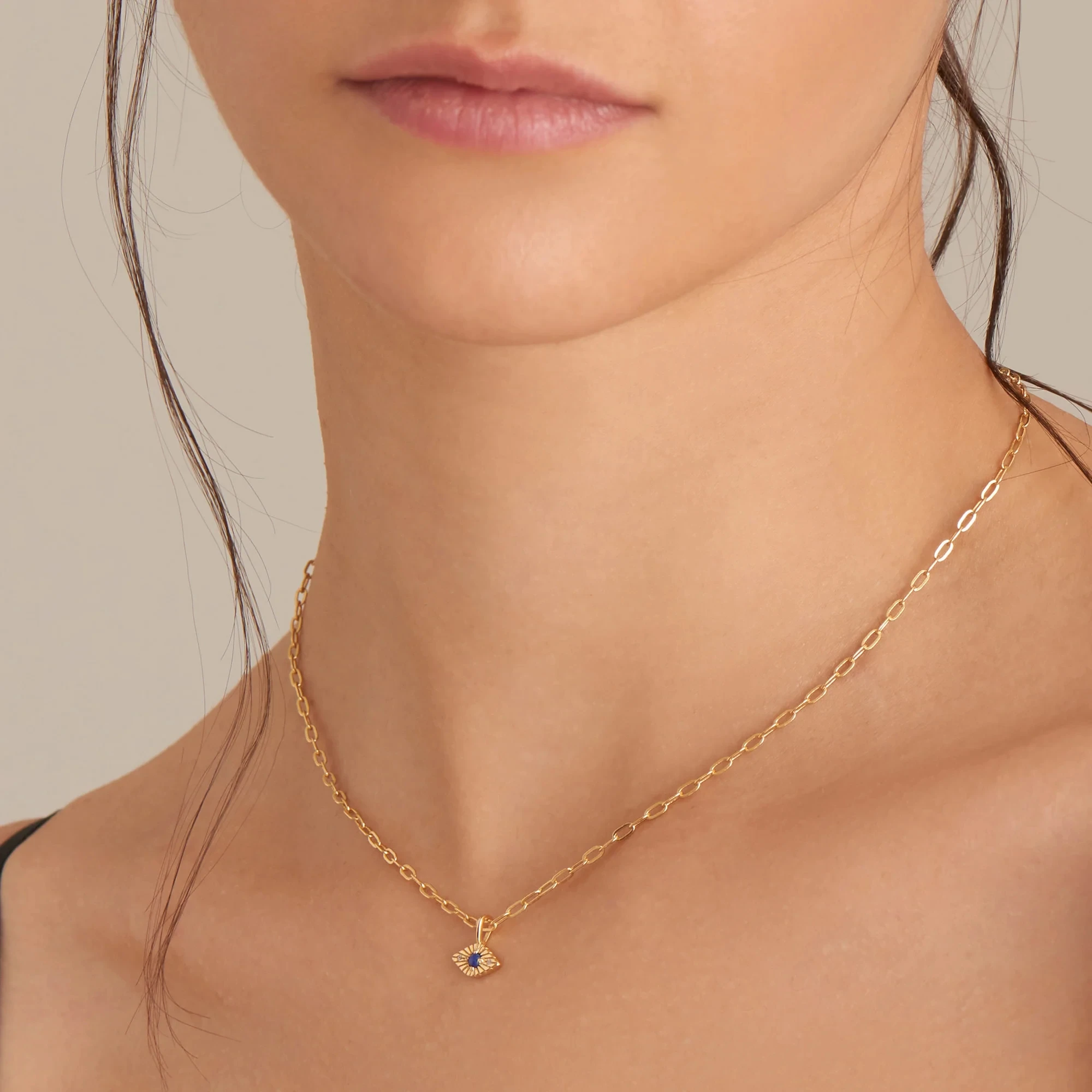 Trendy Jewelry Gold Plated Necklace Chunky Link Chain Blue Lapis Evil Eye Necklace