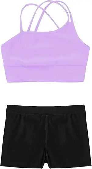 Spandex Nylon Elastic Custom Logo Kids Tank Tops Child Gymnastics Sports Training Attire Camisole Belly Length Tank Top Shorts