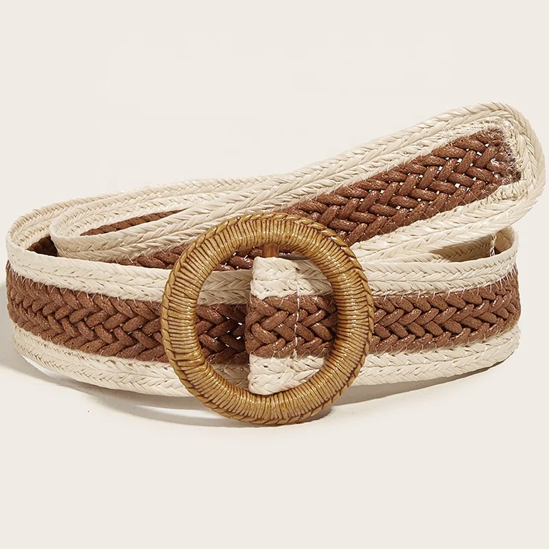 hot selling natural materials wood buckle custom elastic braided ladies belt