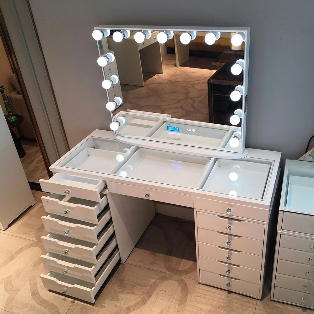 Stock in USA Docarelife Modern Luxury Bedroom Dressing Table MDF with High Glossy White Paint and Hollywood Lighted Mirror Table