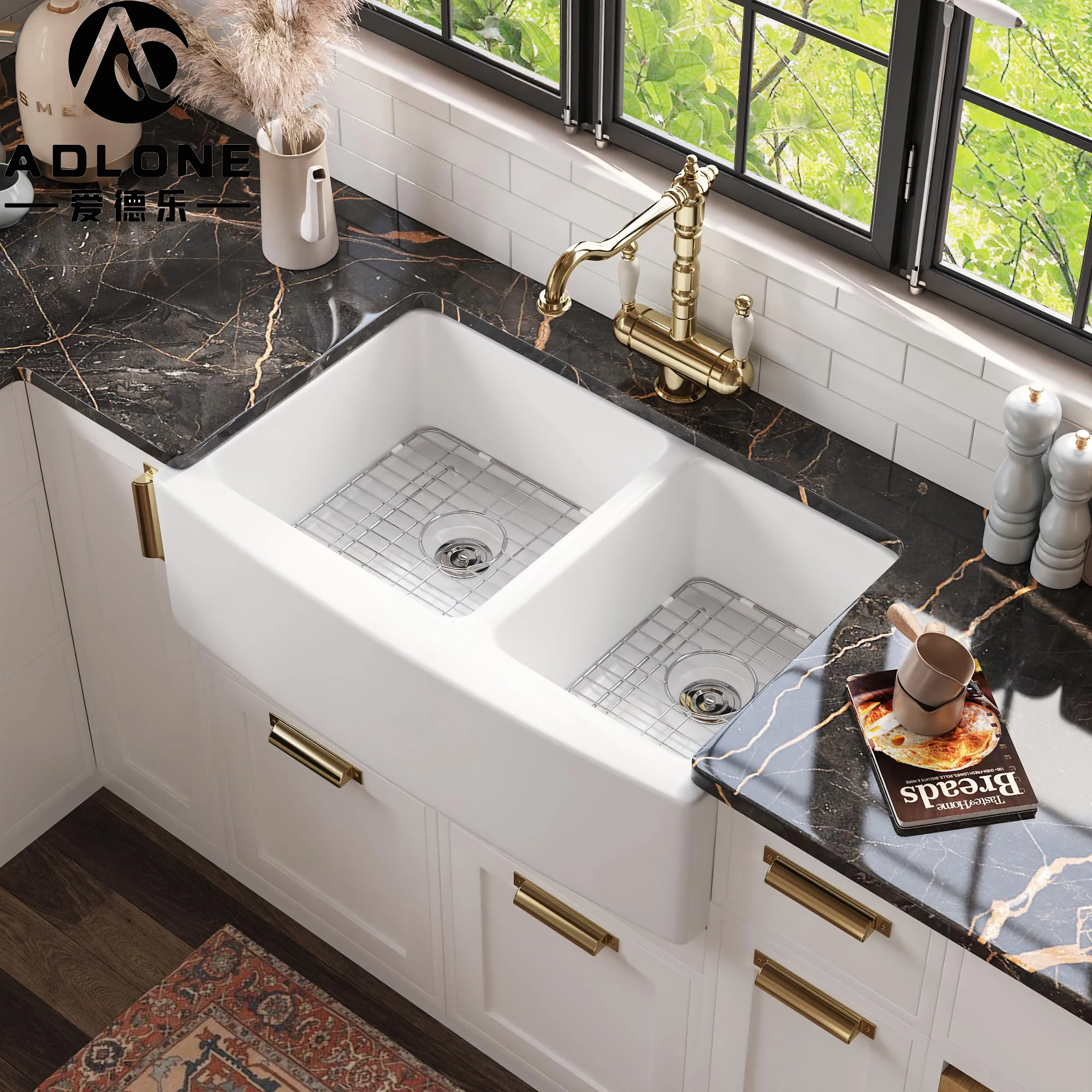 Durable Undermount 33 Inch White Double Bowl Kitchen Sinks Farm Kitchen Sinks With Slide Ledge Curved