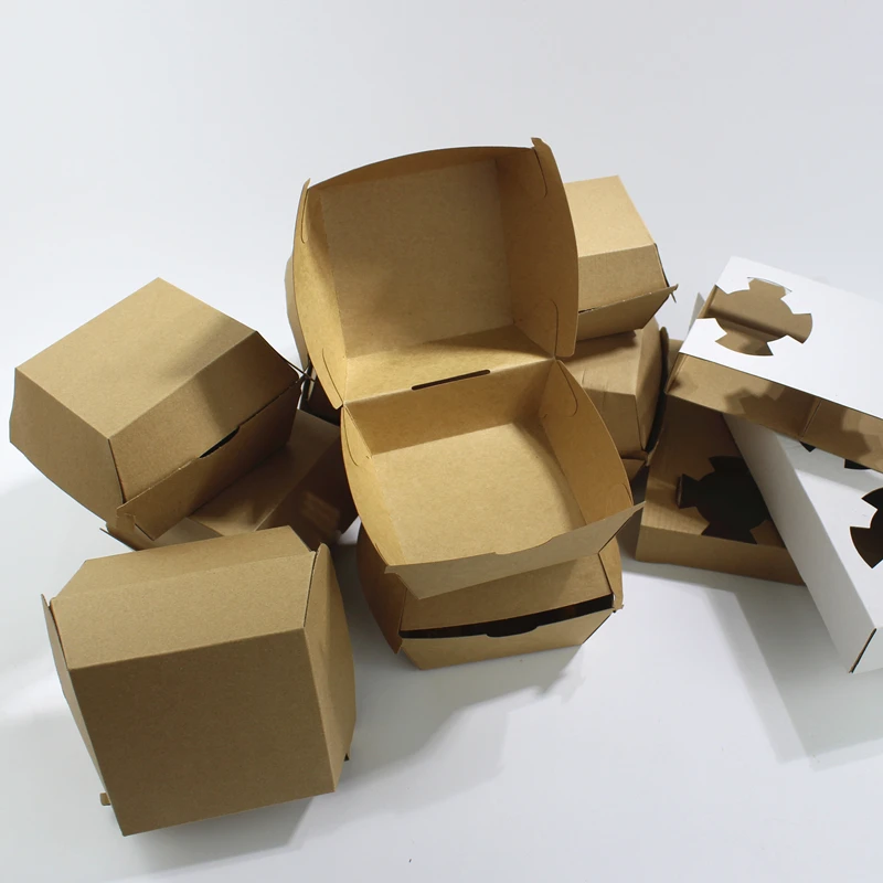 
350 г, оптовая продажа, упаковка для доставки пищевых продуктов, биоразлагаемая крафт-бумага, коробка для выноса из ПВХ, картонная коробка для бургеров с окном 