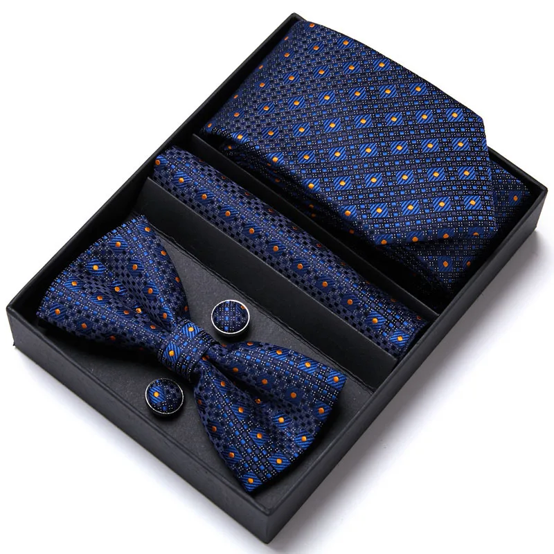 Mens Luxury Paisley Blue Silk Tie Pocket Squre Cufflinks Bowtie Set in Gift Box For Men Gift